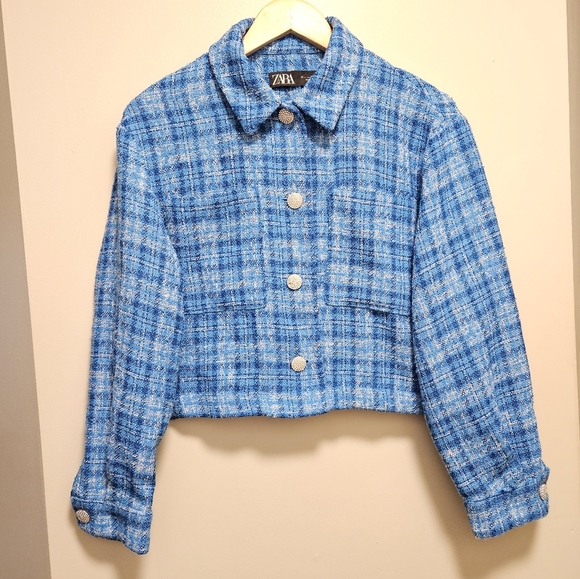 Zara Women's Plaid Tweed Cropped Long Sleeve Button Down Blazer Top Blue Size L. - Picture 8 of 16